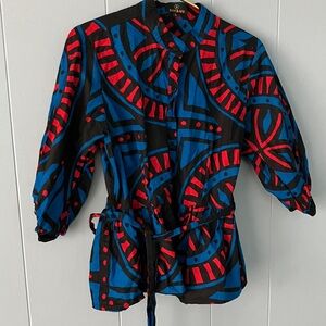 Vibrant African Red and Blue Patterned Top Peplum With Self Tie Belt